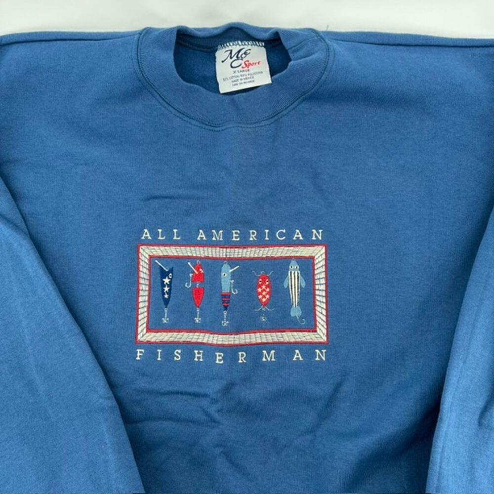 VTG All American Fisherman Crew Neck Sweatshirt Adult XL Lures Embroidered Blue